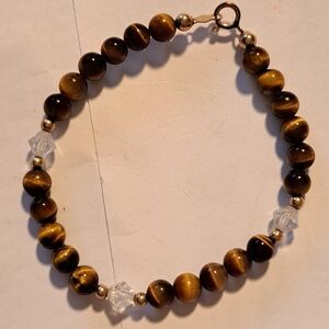 14k Tiger Eye Gemstone, 14k Gold Filled, and Crystal Beaded Bracelet